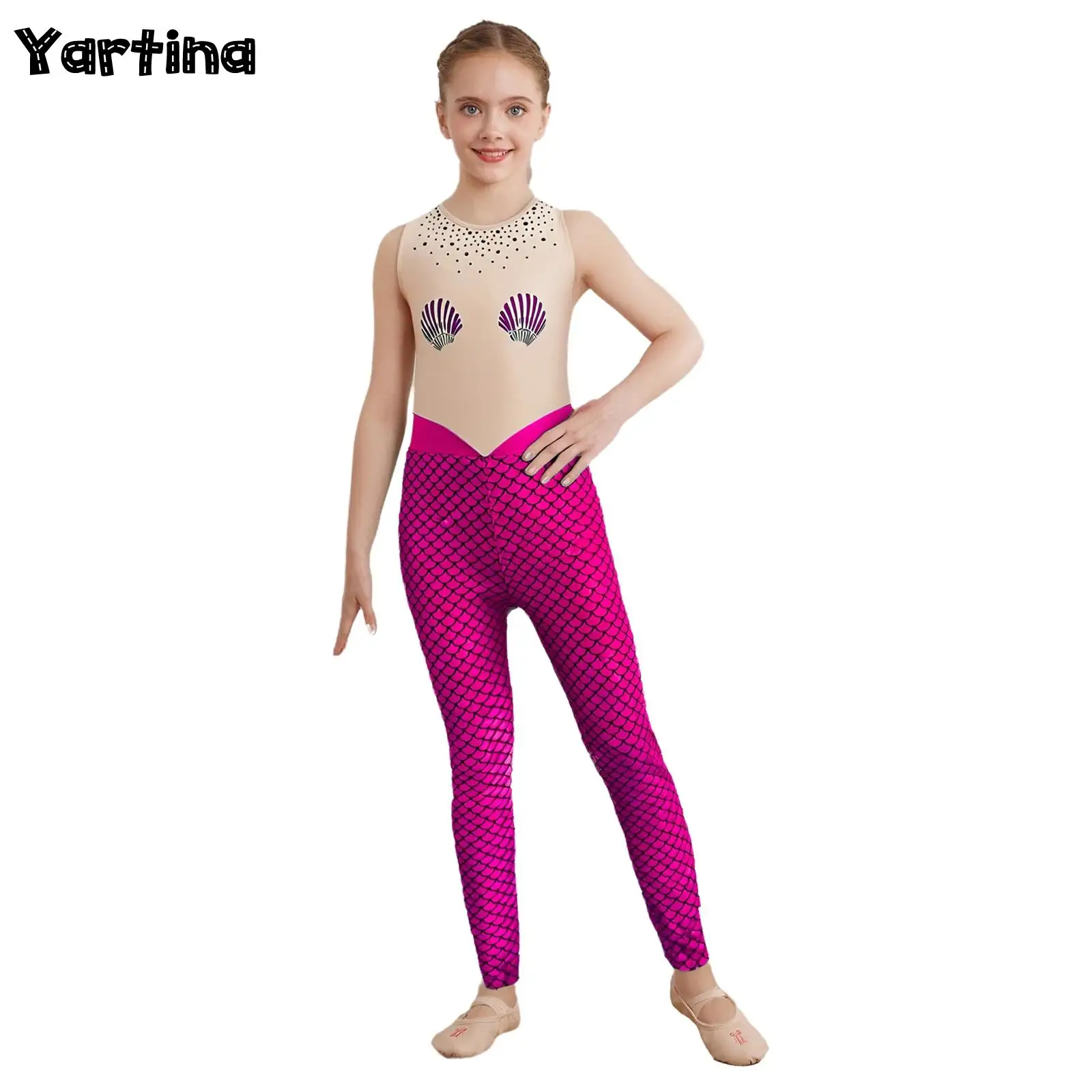 

Детские балетные трико с рыбьей чешуей русалки для девочек, длинные брюки со стразами на груди, комбинезон для выступлений, костюмы для косплея на Хэллоуин