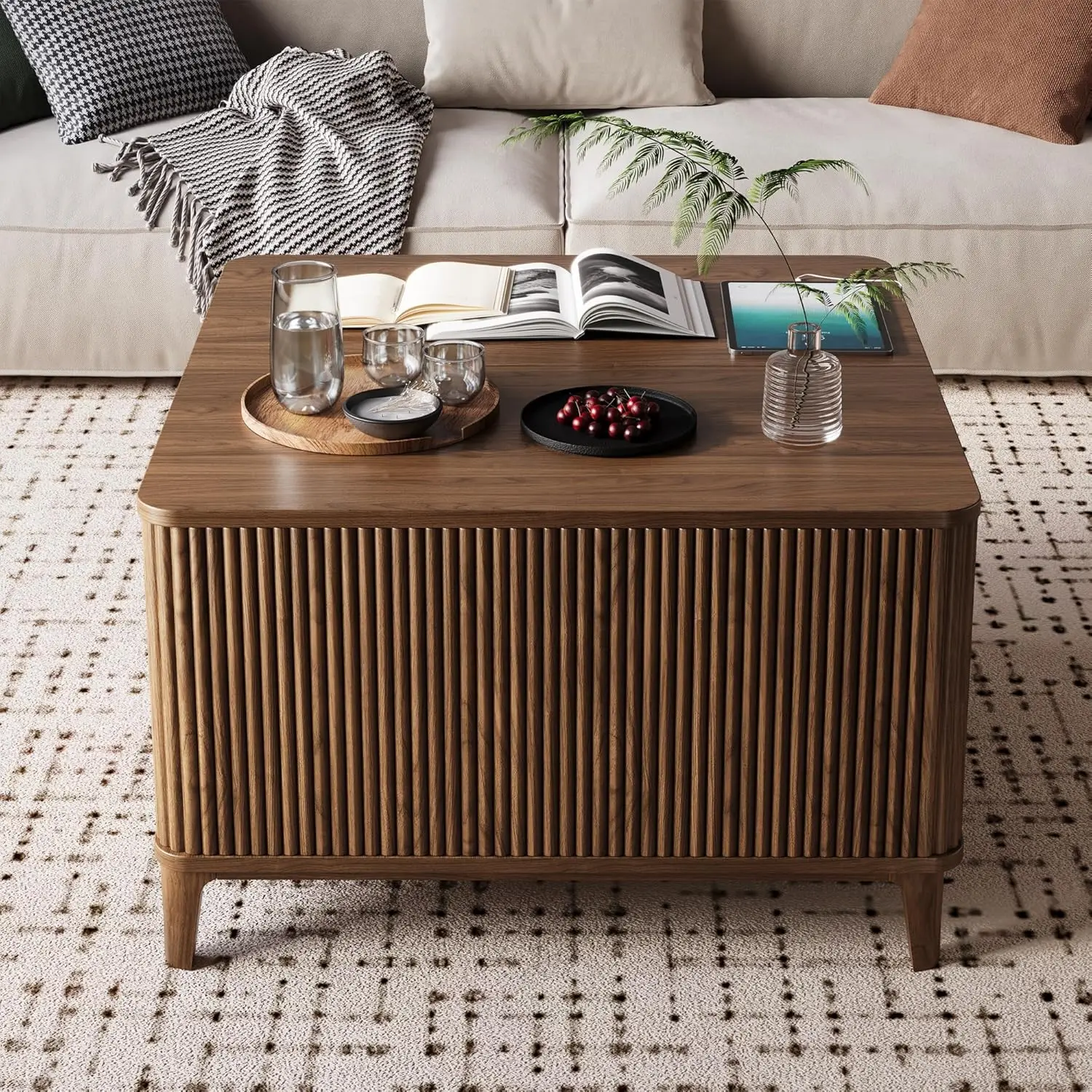 Mesa de centro estriada moderna de mediados de siglo de 31,4 pulgadas, mesa central superior elevable cuadrada con almacenamiento, diseño de pie para sala de estar/oficina