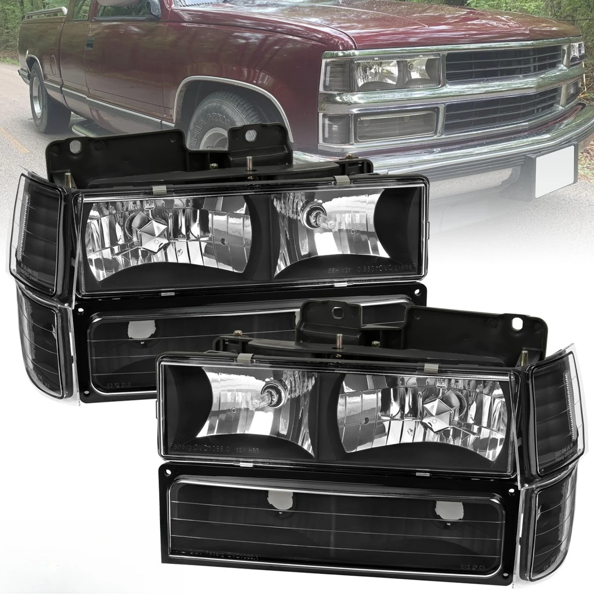 

Black Headlights+Bumper Corner Lamps Fits 94-98 C10 C/K Tahoe Suburban Silverado