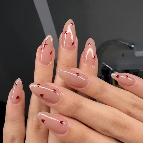 발렌타인 누드 핑크 프레스 온 네일, 하트 패턴, 광택 아몬드 모양, 달콤한 가짜 손톱, 여성 및 여아용 데일리 네일, 24 개