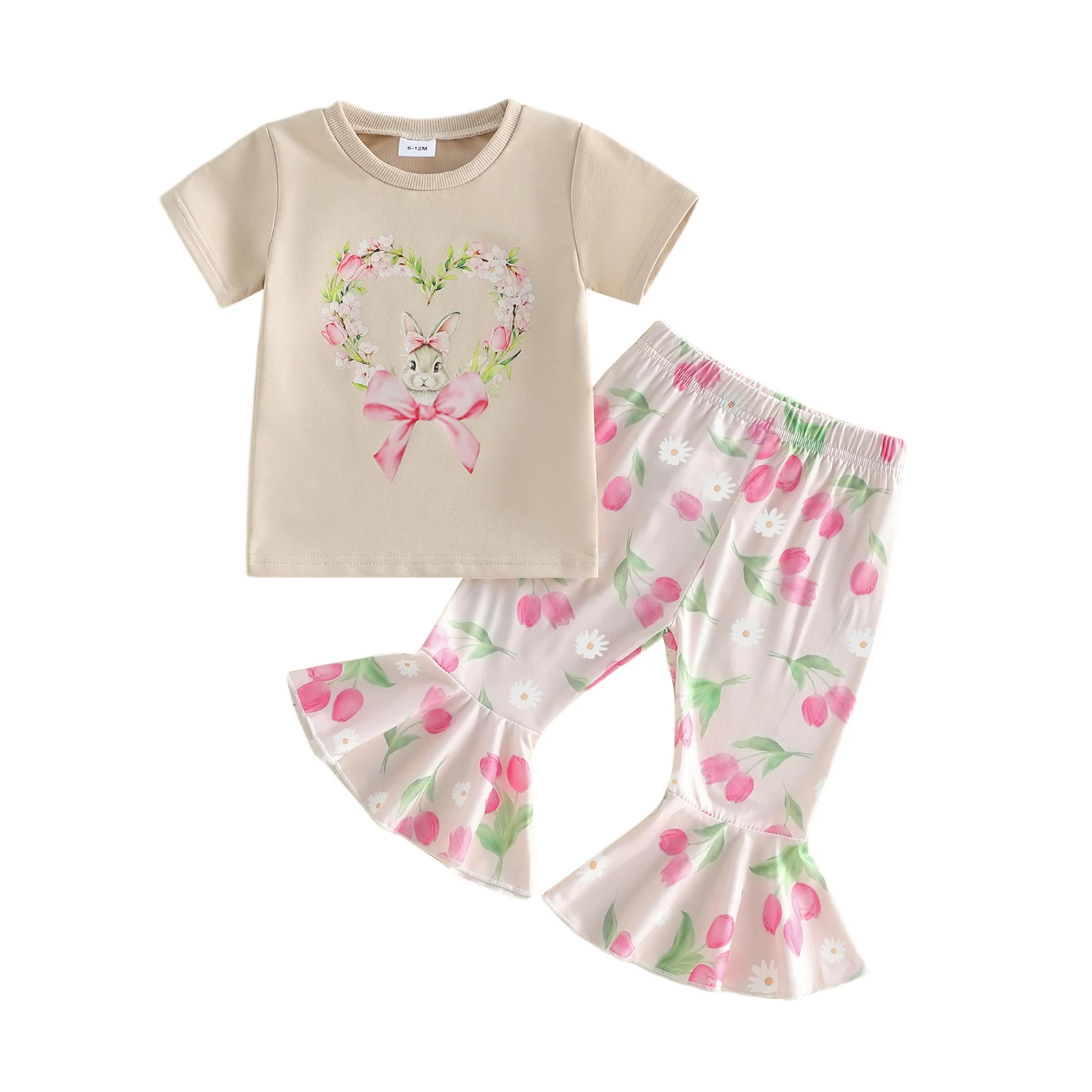Toddler Girl Easter Outfits Bunny Wreath Print Short Sleeve T Shirt + Elastic Waist Tulip Flare Pants 2 Pcs Set