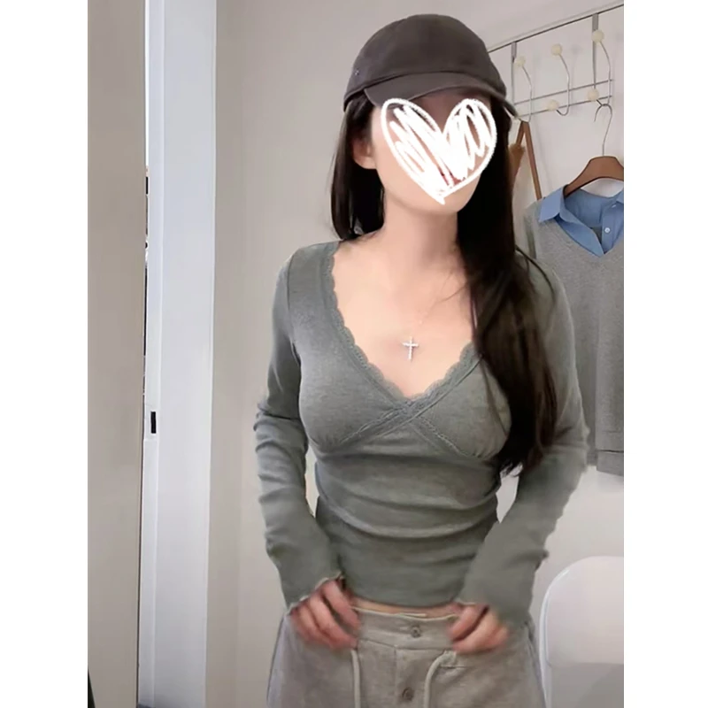 تي شيرت بأكمام طويلة للفتيات والربيع بياقة على شكل حرف O وخصر مرقع ومطوي ومزين بطبقات وكشكشة للتخسيس ملابس خروج #3