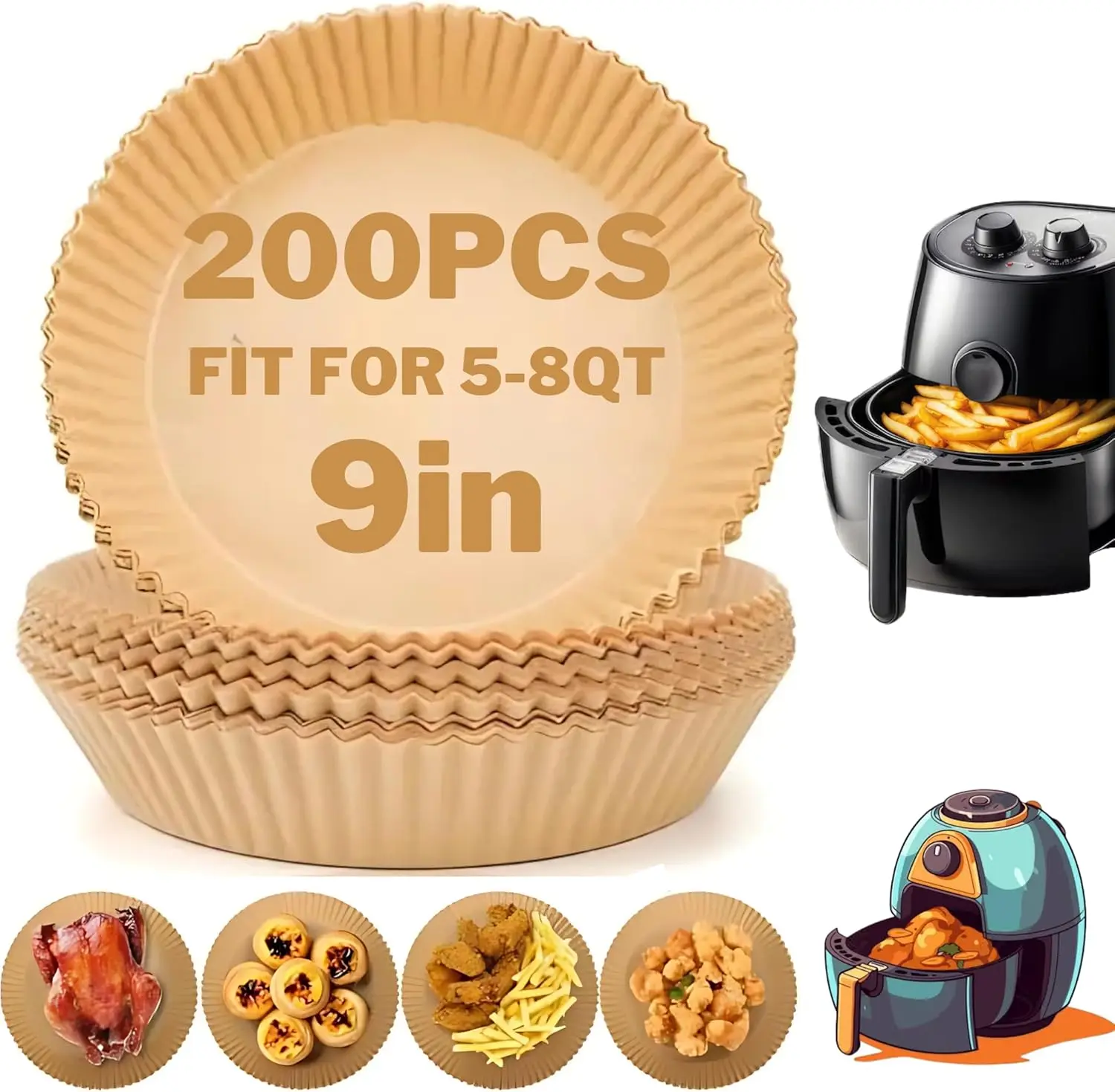 

Air Fryer Liners Disposable Round 9 Inch, 200PCS Non-Stick Parchment Paper Liners for 5-8QT Air Fryer, Oil-Proof, Waterproof, Fo