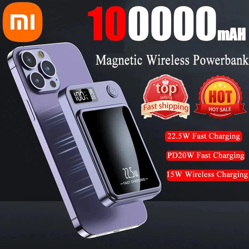 Xiaomi-Qi PowerBank Magnético Sem Fio, Mini Carregador Rápido Portátil para iPhone, Samsung, Huawei, Slim, Tipo C, 22.5W, 100000mAh