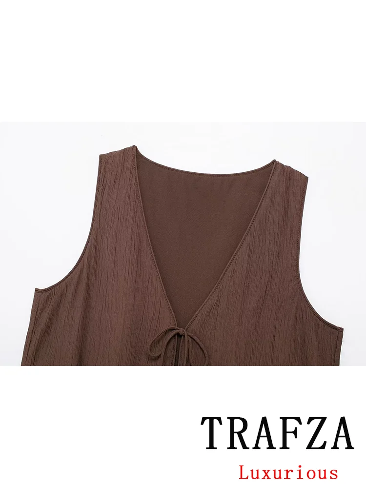 TRAFZA Vintage Casual Chic Solid Women Suit V-Neck Short Slim Vest Sheath Loose Long Skirt New Fashion 2024 Summer Sets
