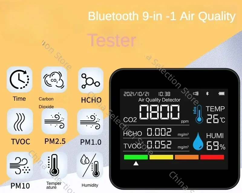 9 in 1 Carbon Dioxide Detector Pm2.5 Pm1.0 Formaldehyde Detection TVOC Detector Temperature and Humidity CO2 Bluetooth