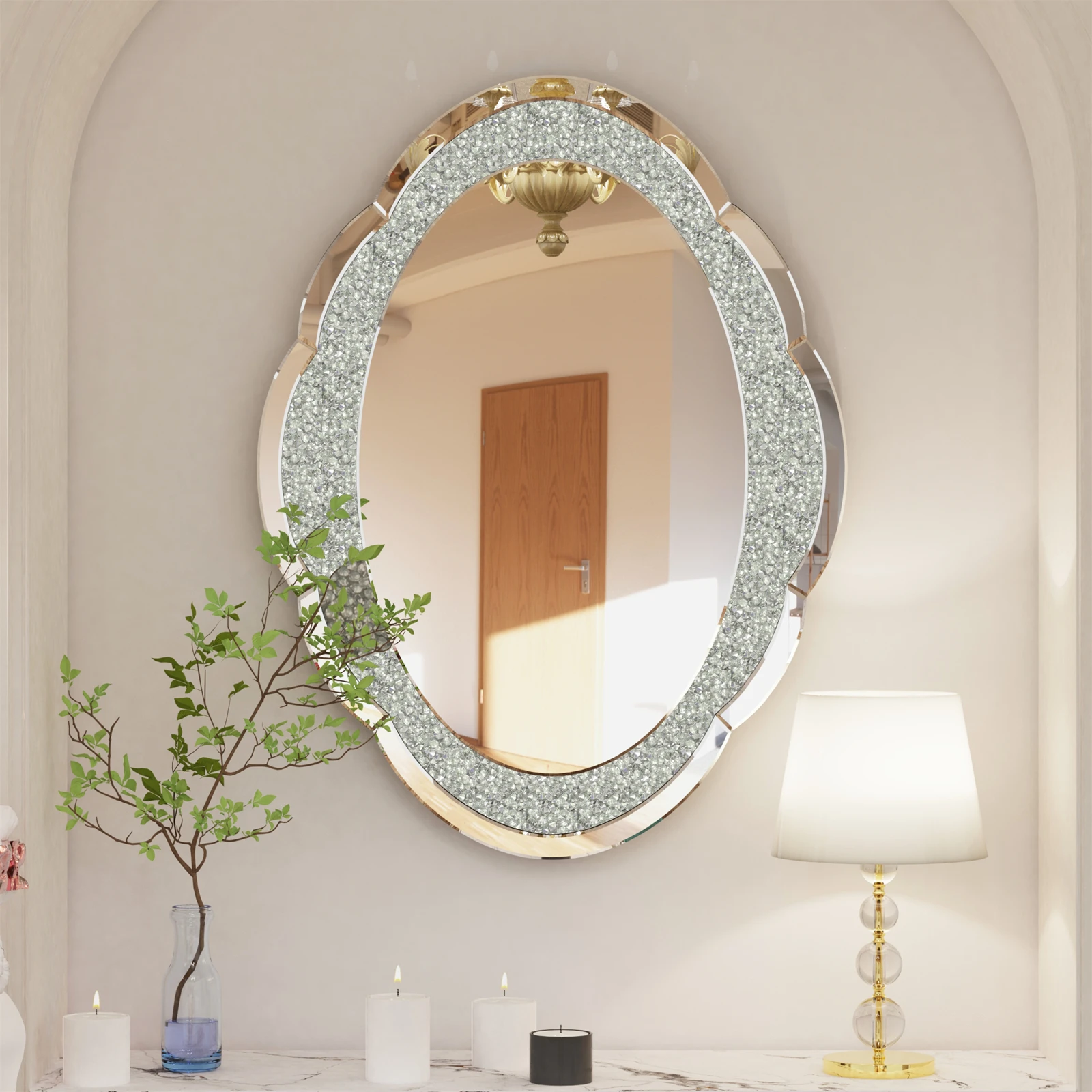 Decor Wall Mirror Arch Crystal Crushed Diamonds Vanity Accent Mirror  600x800mm for Entryway Hallway, Bedroom,Hotel Wall Decor