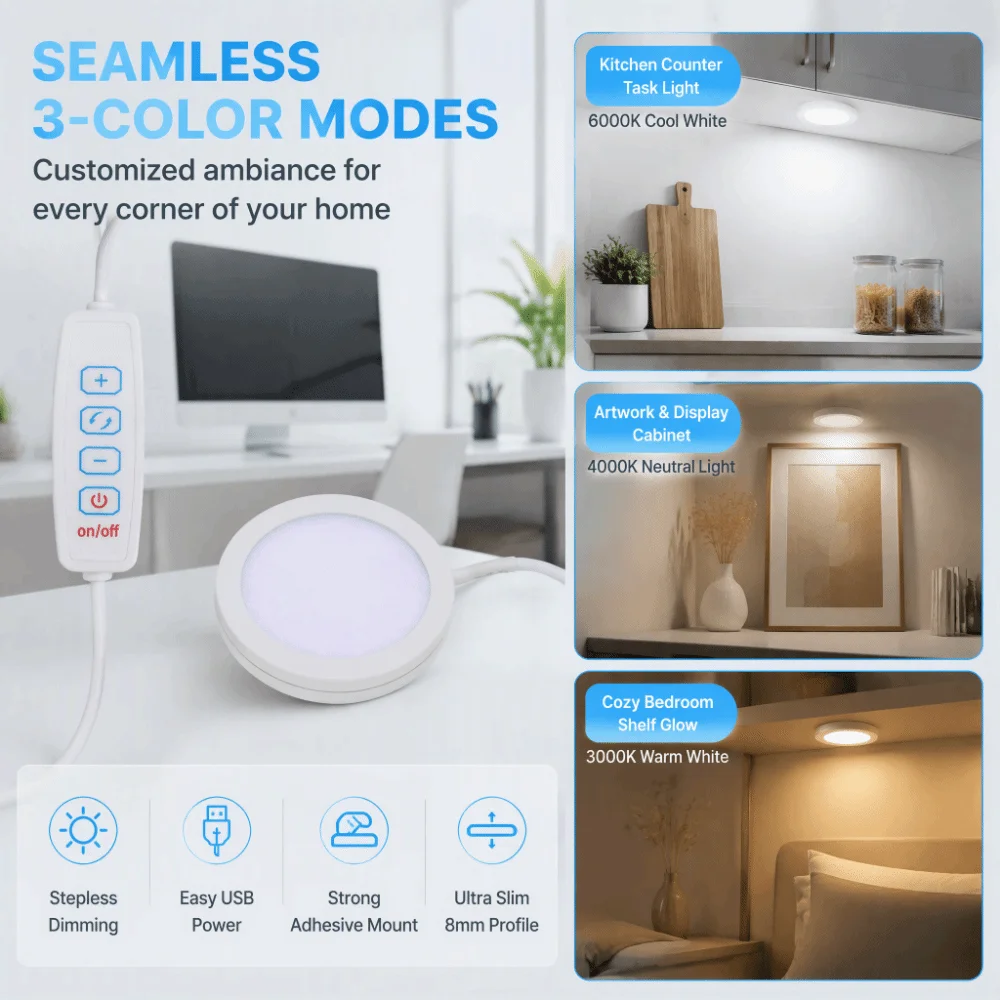 3W Mini Spotlight 3 Color Stepless Dimmable Aluminum Alloy LED Spotlight 8mm / 0.31in Ultra-Thin USB Powered