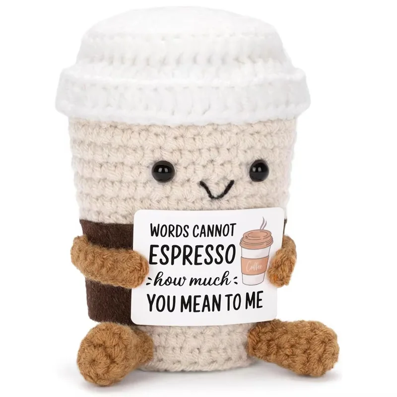 Funny Crochet Positive Coffee Emotional Support Cute Crochet Handmade ornaments with Positive Card Cheer Up Gift for Best Friend