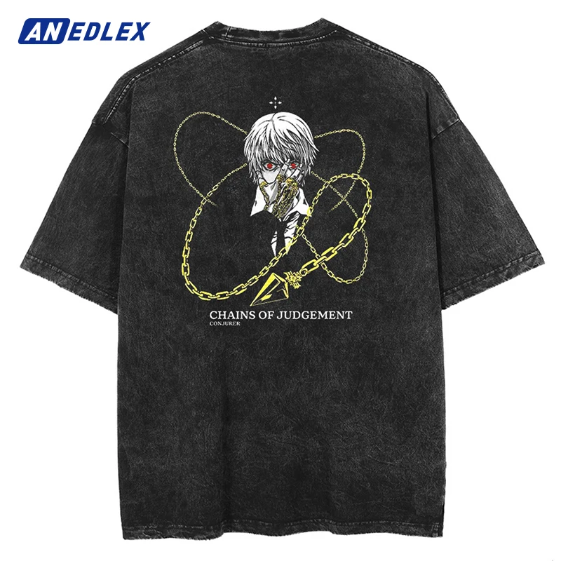 2023 Summer Cotton Loose Washed Tops Tees Anime Print T-Shirt Men Streetwear Vintage Black T Shirt Harajuku Oversized T Shirt