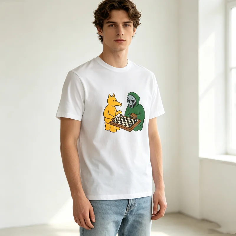 Cartoon Fox and Masked Chess Graphic T Shirt Funny Game Print Mens 100%Cotton Crew Neck Y2k Top Harajuku Unisex