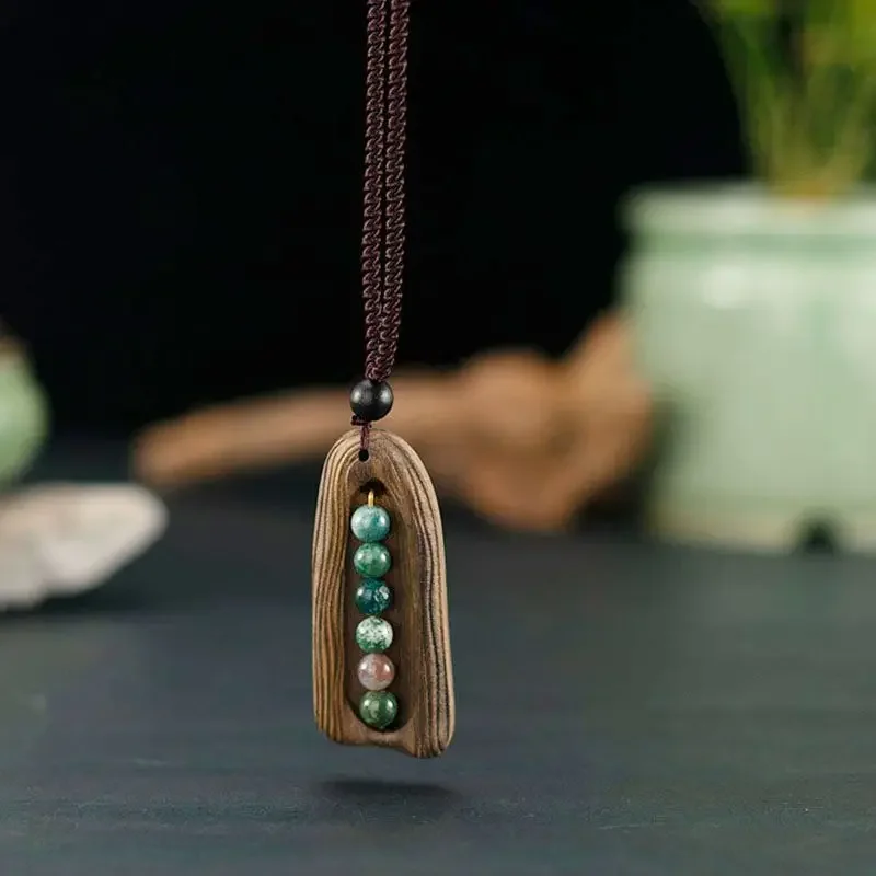 Good Luck Continues~Handmade Sandalwood Women's Long Sweater Necklace Ethnic Style Clothing Jewelry Simple Jade Pendant