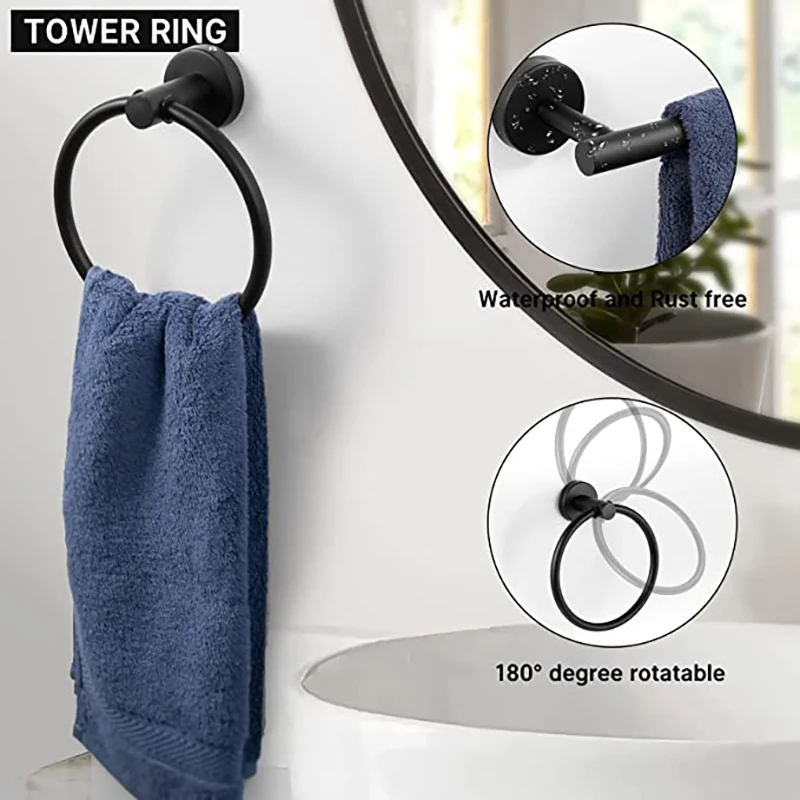 Wall Mount Matte Black Bathroom Hardware Set Stainless Steel Towel Bar Towel Ring Paper Holder Hook Modern Bath Accessories Set