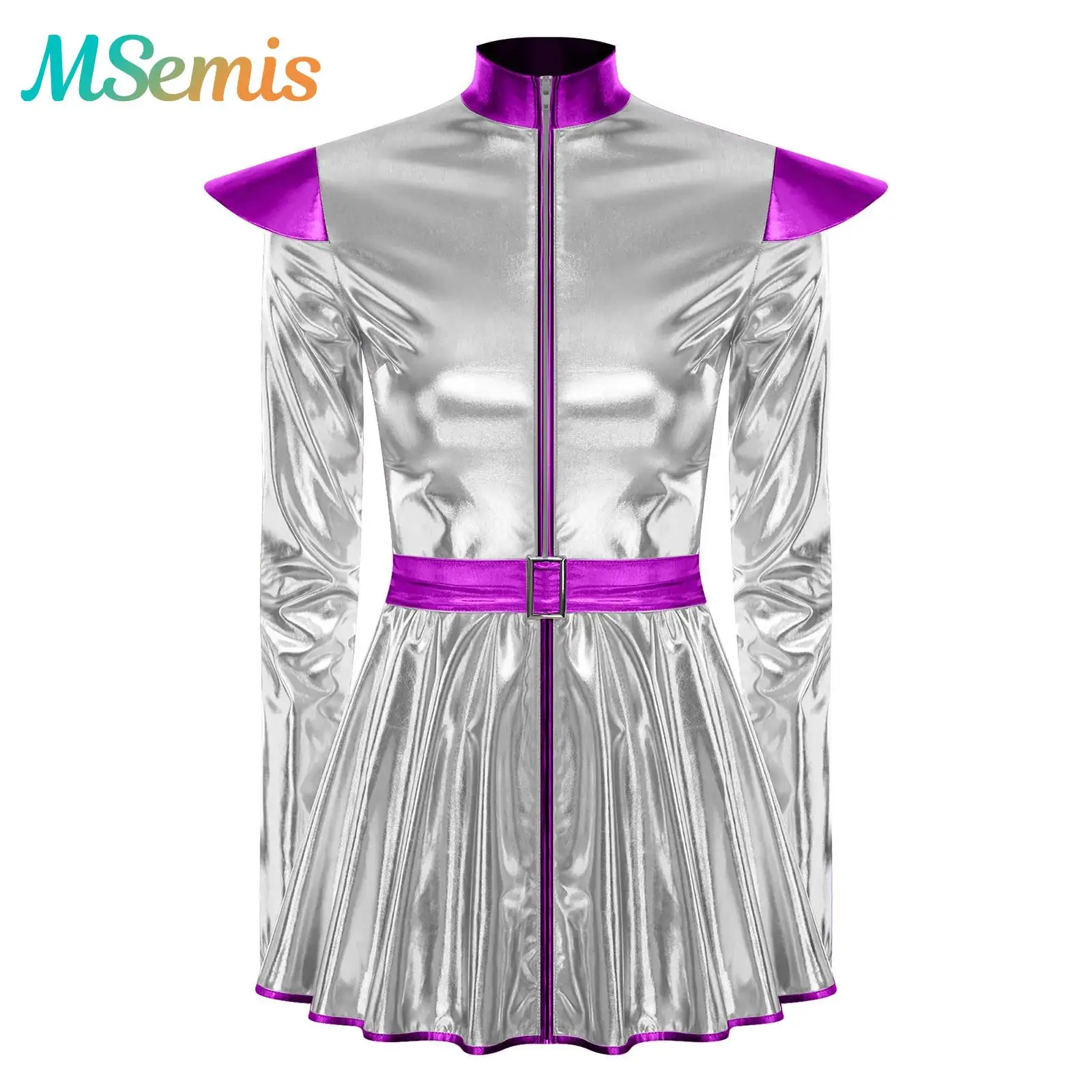 

Womens Shiny Metallic Astronaut Outer Space Alien Robot Carnival Cosplay Costume Long Sleeves Front Zip A-line Dress with Belt