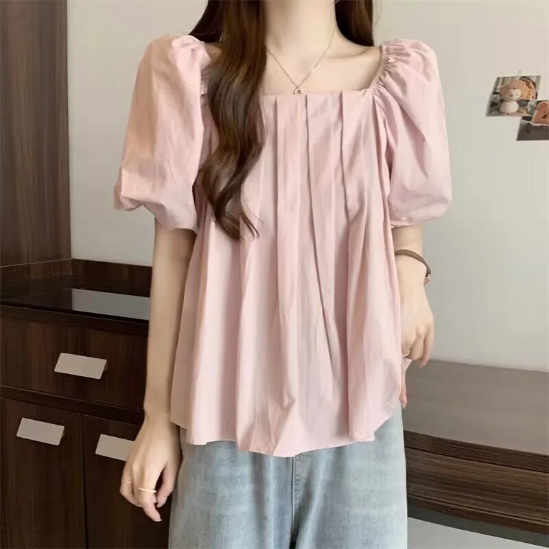 Puff Sleeve Blouses Women French Style Loose Sweet Solid Temperament Lace-up Fashion Summer New All-match Girlish Ulzzang Tender