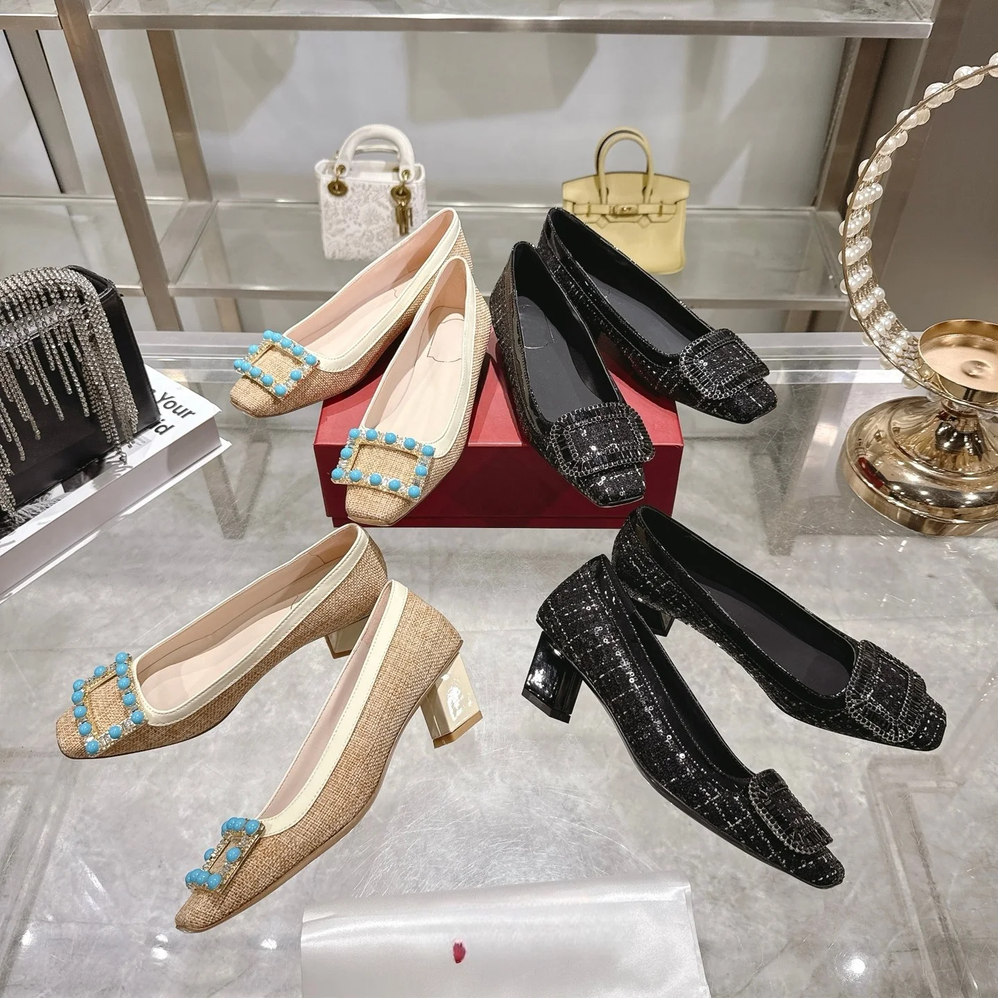 

Designer Women's Shoes with Square Buckle, Patent Leather, Square Toe, Chunky Heel, Mid-Heel, Versatile Ol Commuting Mules