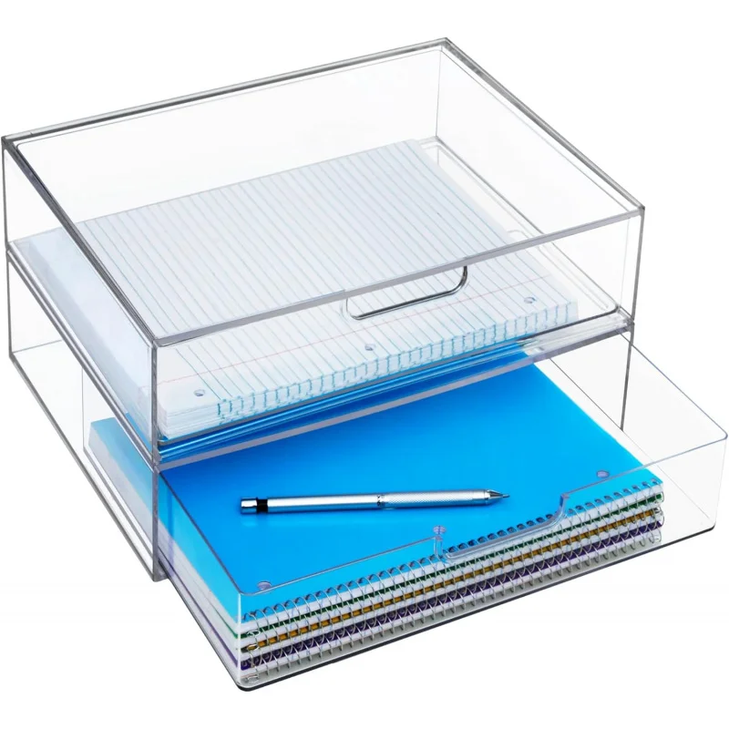 

Clear Stackable Organizer Drawers, Set of 2 - 12.5" Wide Open Drawers for Desk, Office Supplies & Paper Sorting