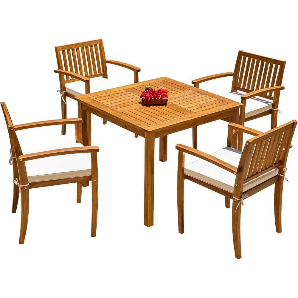 

5 Piece Outdoor Dining Set, Acacia Wood Patio Table and Chairs with Soft Cushions Patio Furniture for Deck, Backyard