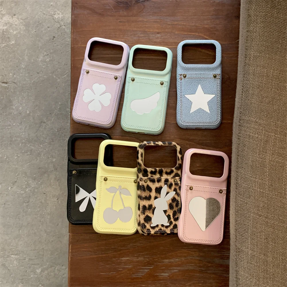 

Korean INS With Card Holder Phone case for iPhone 16 Pro 15 14 13 17 Pro 15 Pro Max Fundas Cute Cherry Case Rabbit Mirror Cover