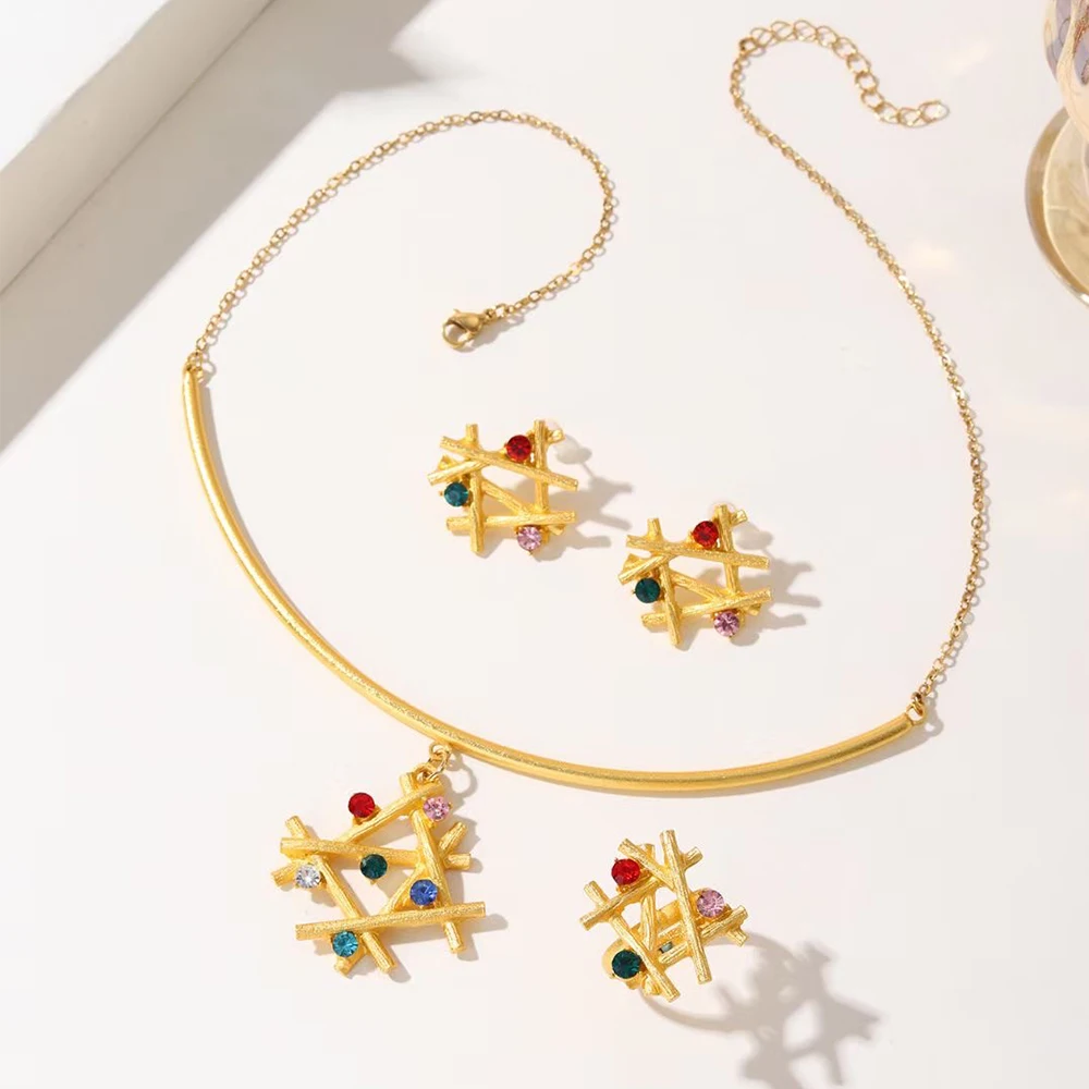 Hot Woman Jewelry Sets gold Color Fine Colorful zircon leaves Pendant Necklace Earrings Ring Fashion Party Wedding Holiday Gifts