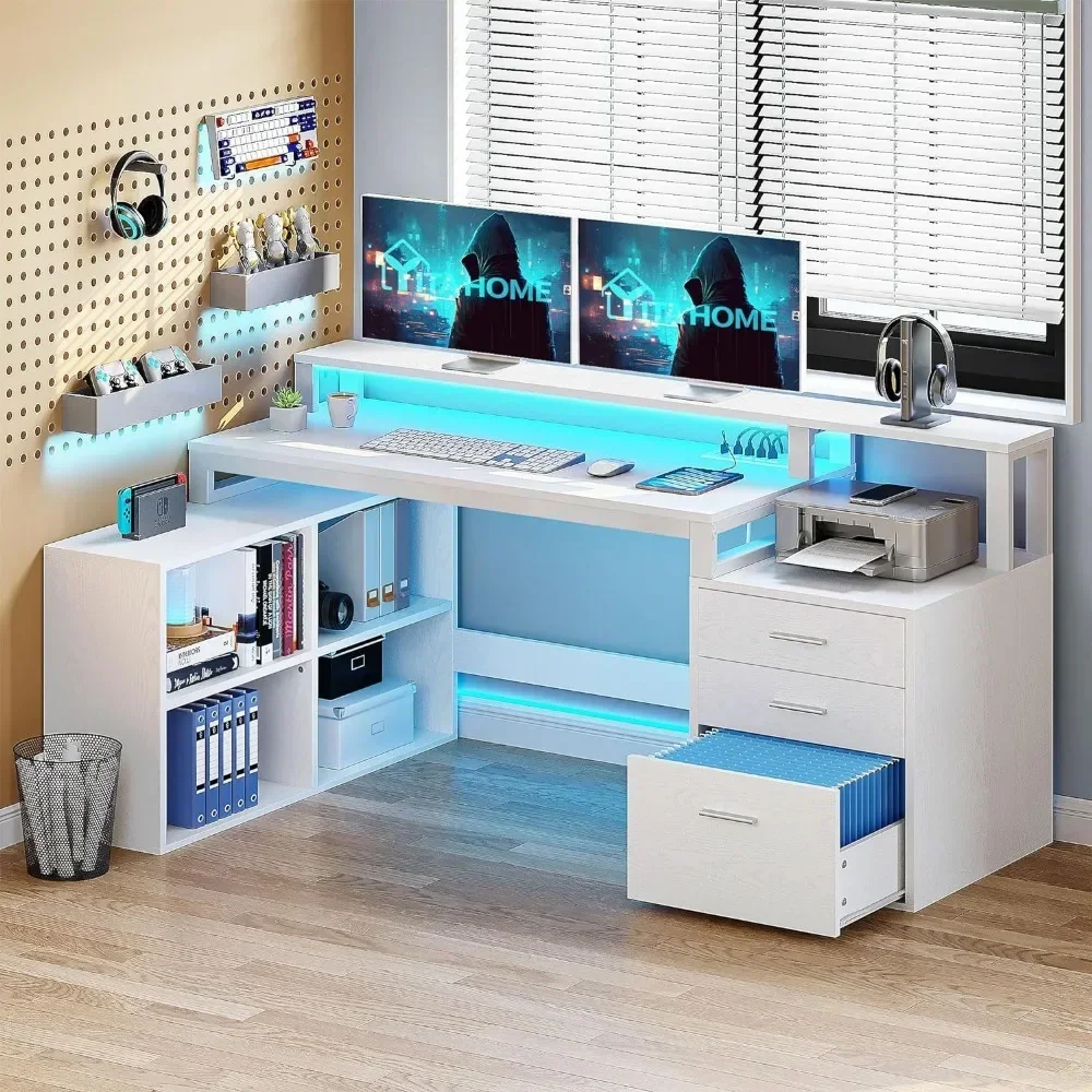 

L Shaped Desk with Power Outlets LED Lights File Cabinet,65"Computer Desk Corner Desk with 3 Drawers and 4 Shelves,White