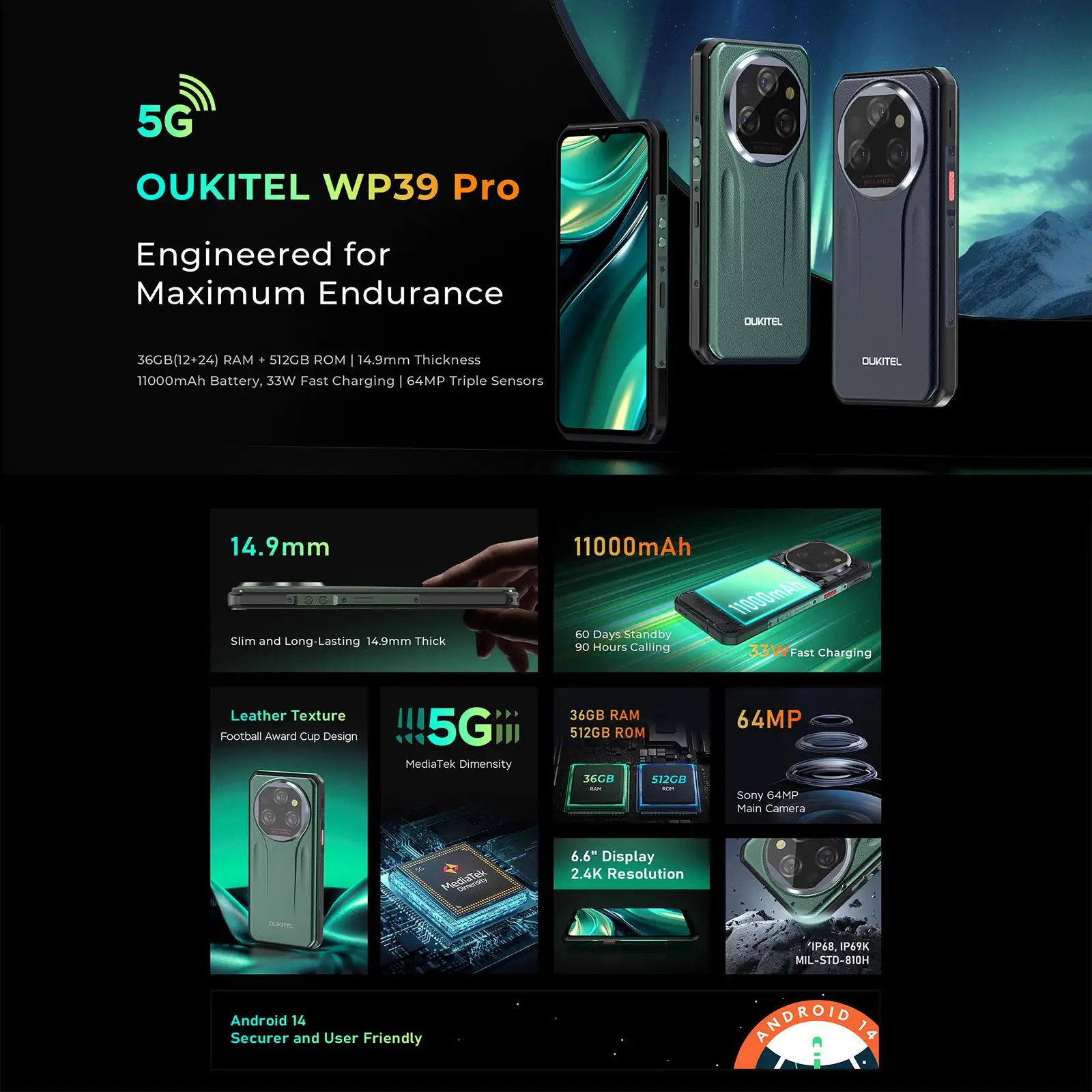 Oukitel WP39 Pro 5Gสมาร์ทโฟนที่ทนทาน 6.6 นิ้วFHD + IPS 12GB + 512GB 64MPกล้อง 11000MAhแบตเตอรี่Night Vision Android 14 NFC