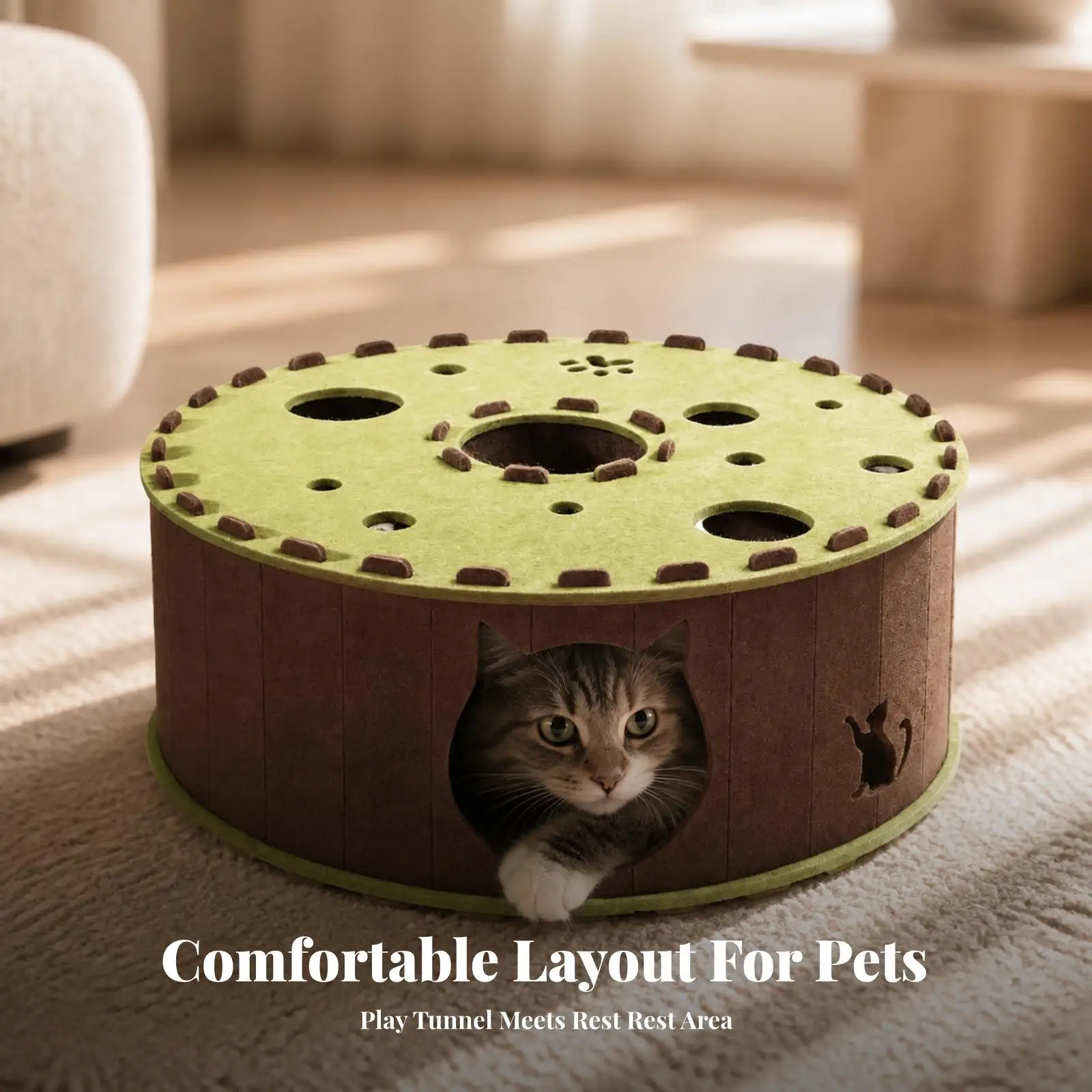 Cat Cave Bed with Tunnel for Cats Indoor Felt Hideaway House for Napping Hiding Interactive Fun