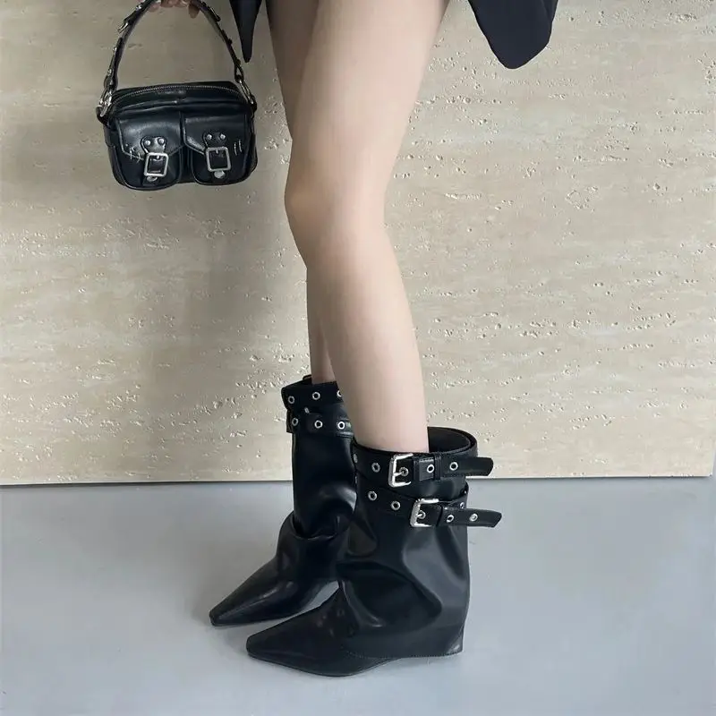 black-leather-ankle-boots-pionted-toe-chunky-shoes-for-woman-boots-2025-belt-buckle-wedges-heels-autumn-ladies-shoes