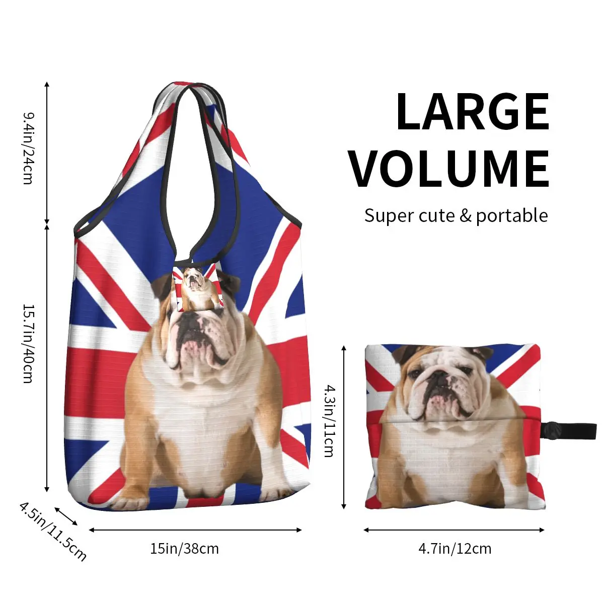 Union Jack English Bulldog Grocery Shopping Tote Bags Cute British Flag Patriotic Dog Shopper Shoulder Bags  Handbags