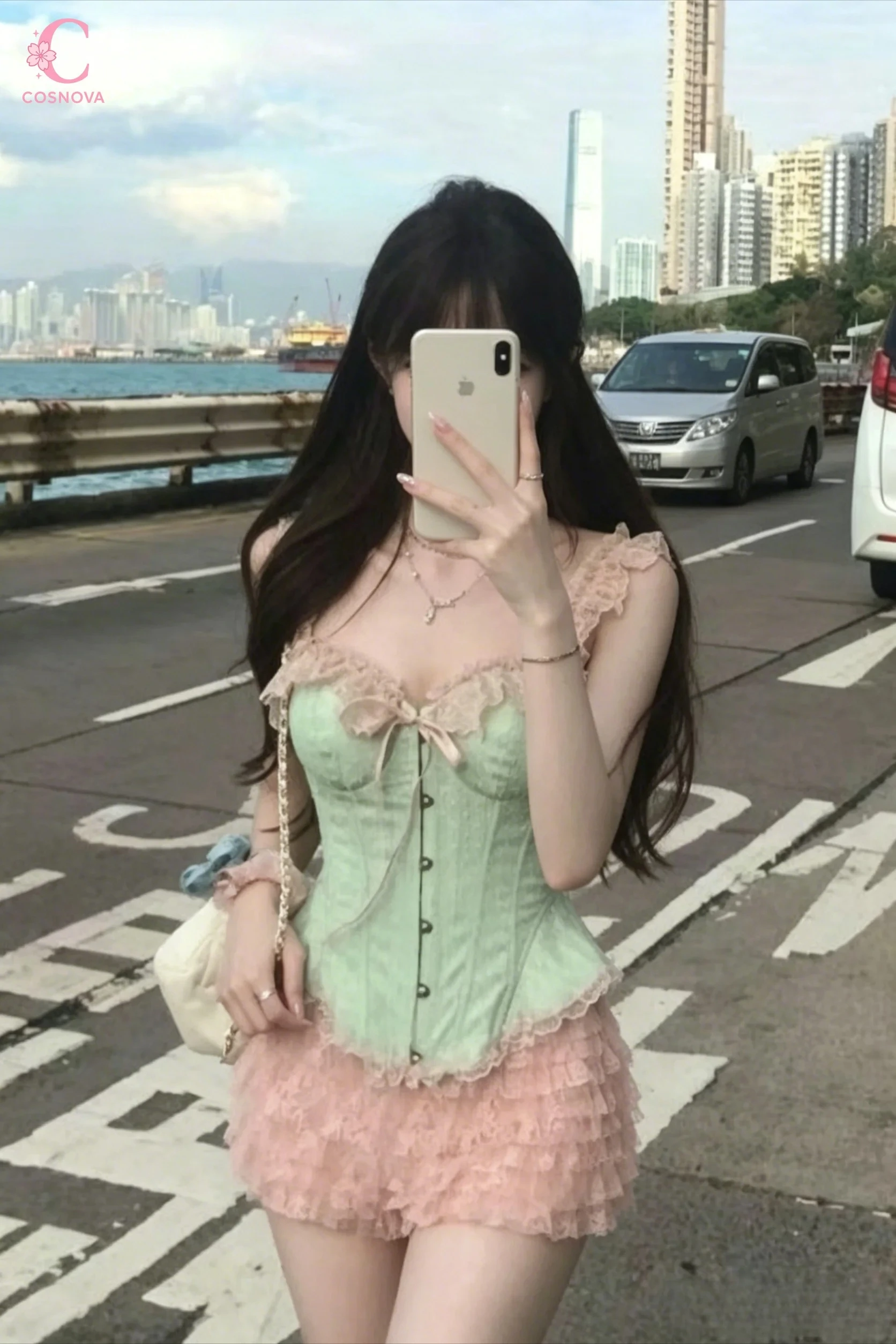 

French Chic Lolita Pure Lace Boned Cami Strap Mini Skirt Women Bow Decor Button Layered Ruffle Skirt French Lolita Daily Street