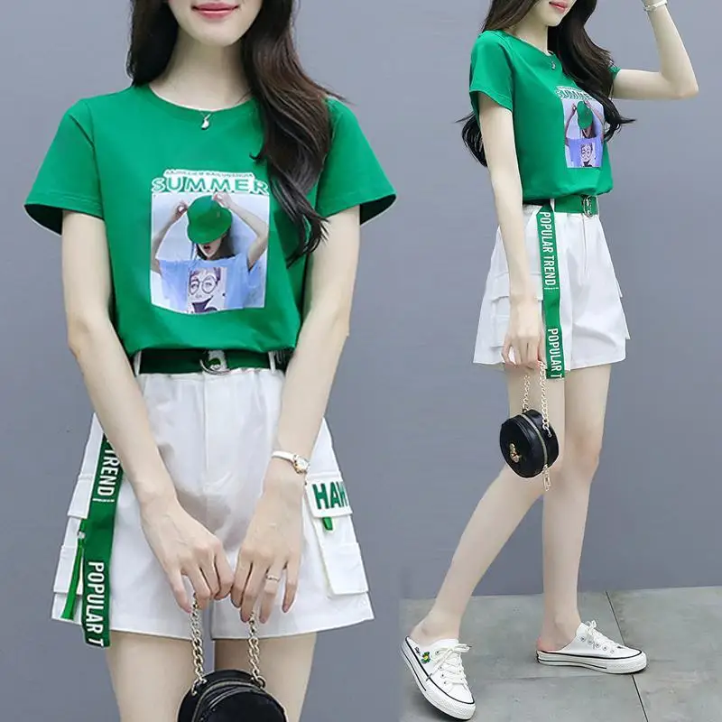 Korean Style Personalized Printing Short-sleeved T-shirt Work Shorts Two-piece Elegant Women\'s Pants Set Summer Outfits