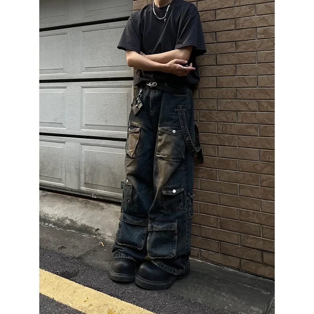 2025 American Retro Yellow Mud Color Multi-pocket Cargo Jeans Men's and Women's Loose Straight Leg Hip Hop Pants Baggy Jeans