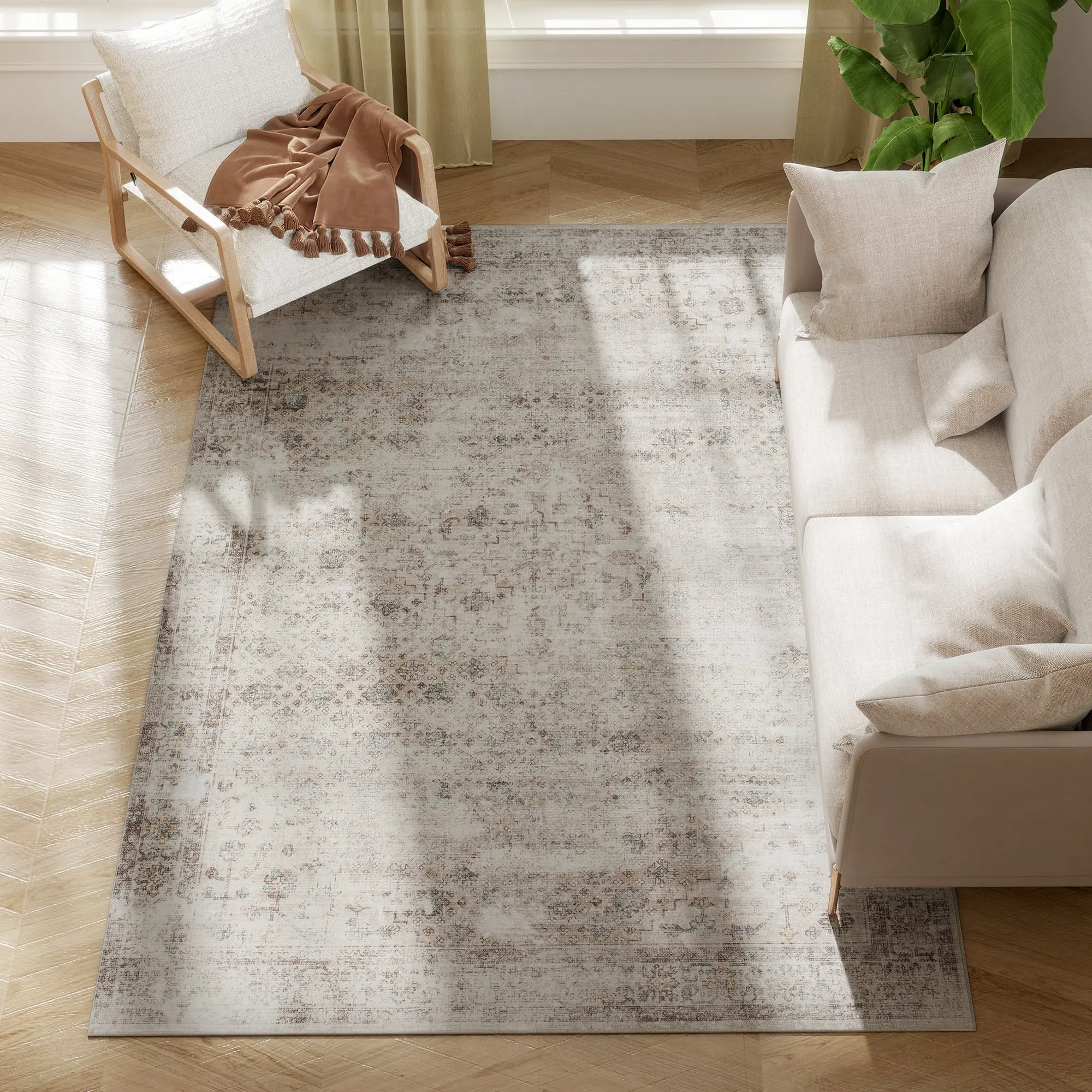 Area Rug 5x7, Machine Washable Rug, Non-Slip Traditional Floor Cover Foldable Carpet, Light Mixed-Brown