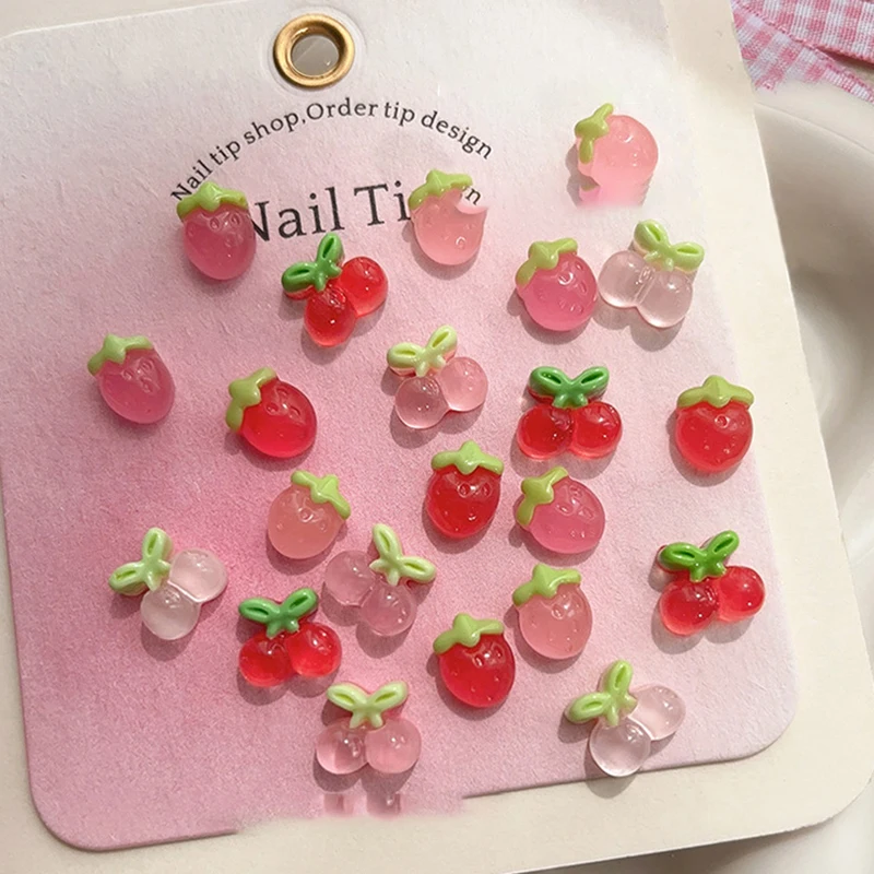 10 Stück Mini-Kirschen und Erdbeeren aus Kunstharz für Nagelkunst, Flache Rückseite, Deko-Steinchen für Scrapbooking, DIY-Schmuck und Bastelarbeiten