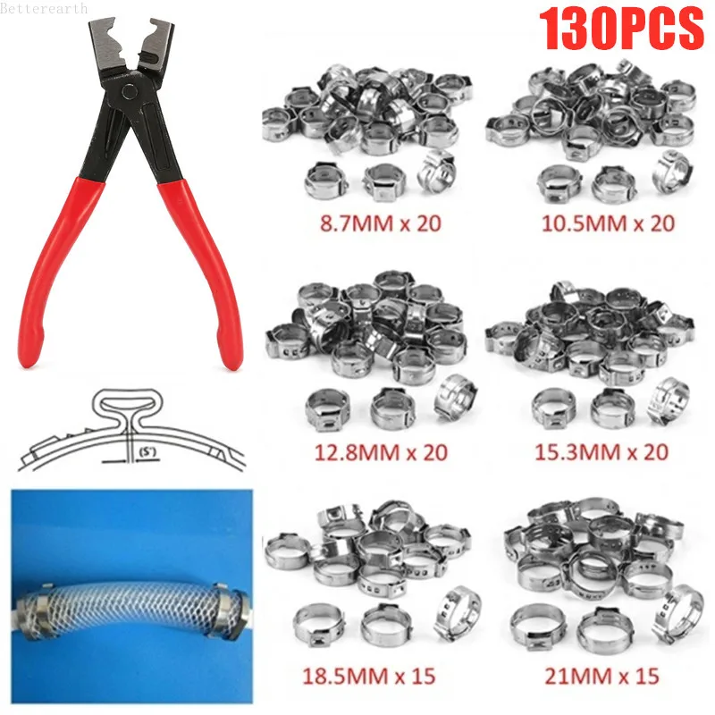 130pcs Single Ear Stepless Hose Clamps Set Or 1PC Hose Clip Clamp Pliers 7-21mm 304 Stainless Steel Hose Clamps Clamp Rings