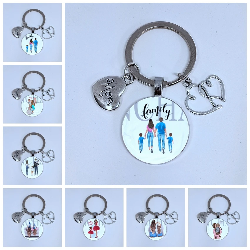 Happy Family Super Dad Mom Boy Girl Mother\'s Day Gift Keychain Men\'s and Women\'s Fun Glass Cabochon Keychain Parent-Child Gift