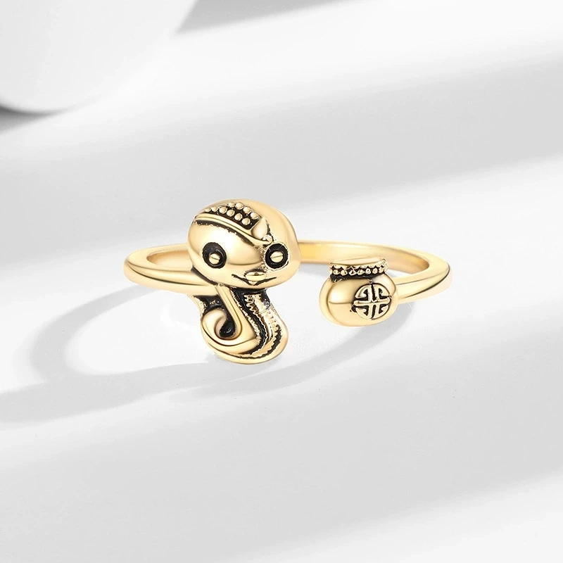 Exquisite Lucky Serpent Open Adjustable Ring Vintage Distressed Ring for Women Zodiac Snake Year Jewelry Gift