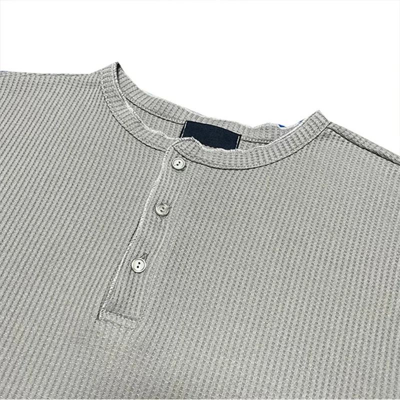 Streetwear Fashion Ribbed Texture Mens Henley Shirt Long Sleeve Solid Color Pullover Tops Men Vintage Crew Neck Buttoned T Shirt