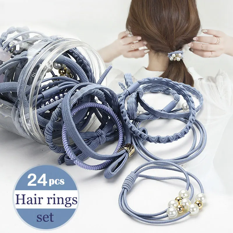 New 24 Pieces Pearl Decoration High Elastic Hair Rope Headdress Rubber Band Hair Rope Women's Hair Simple Rubber Band 2023