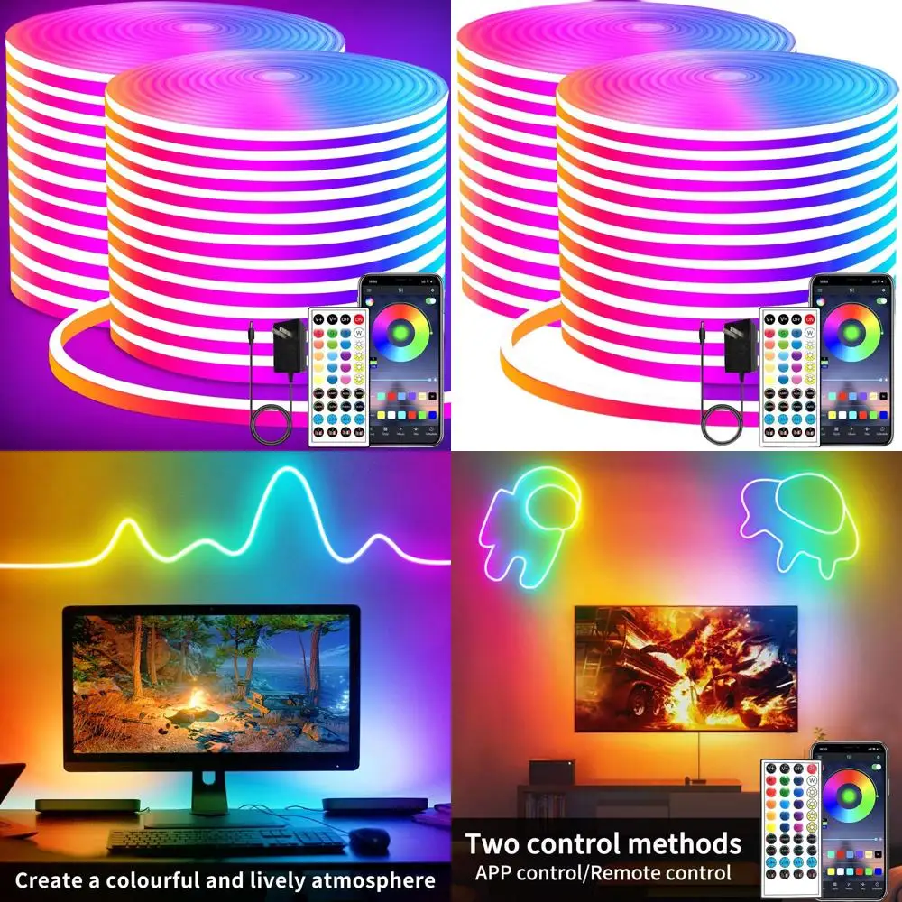 

Светодиодные неоновые ленты RGB 24В, водонепроницаемые гибкие световые гирлянды для спальни, игровой комнаты, наружного декора (2 рулона, общая длина 66 футов)