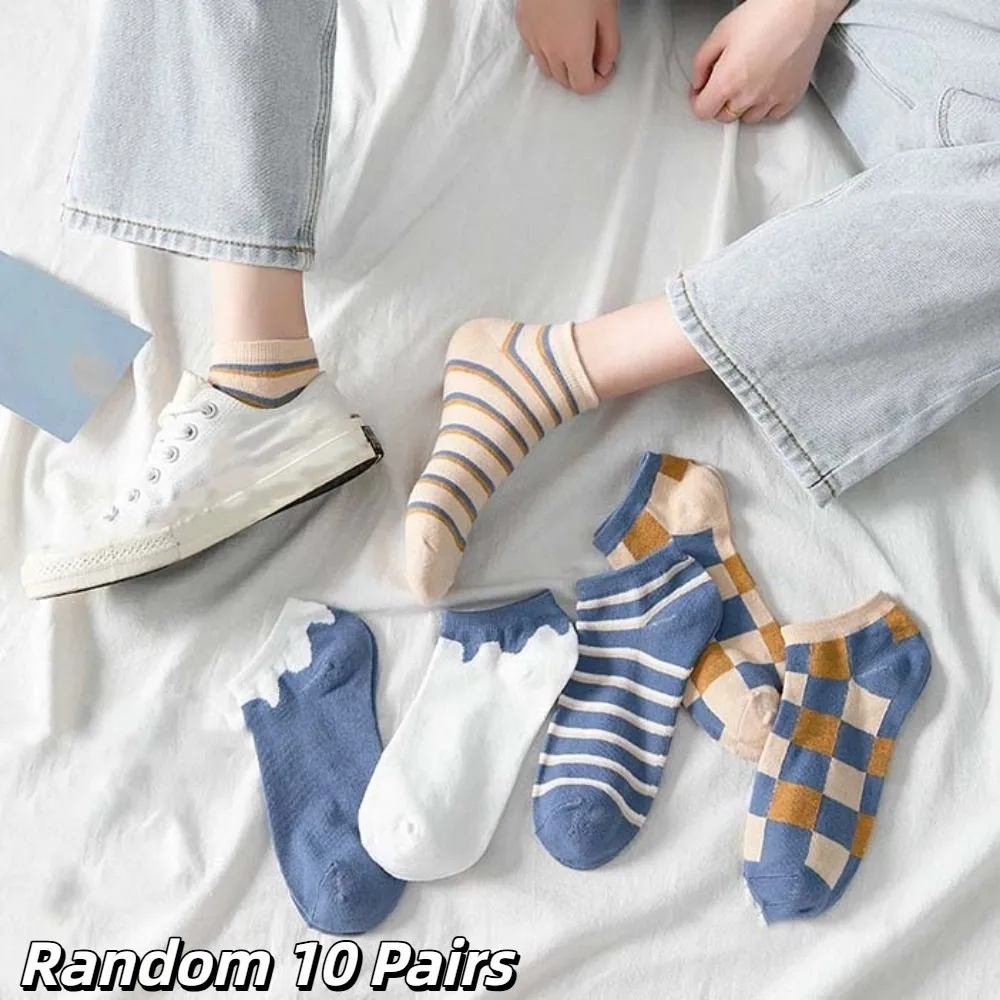 

10Pairs Comfortable Grid Stripe Ankle Socks Non-slip Thin Women Tube Socks Colorful Hosiery Simple Mid-calf Socks Women