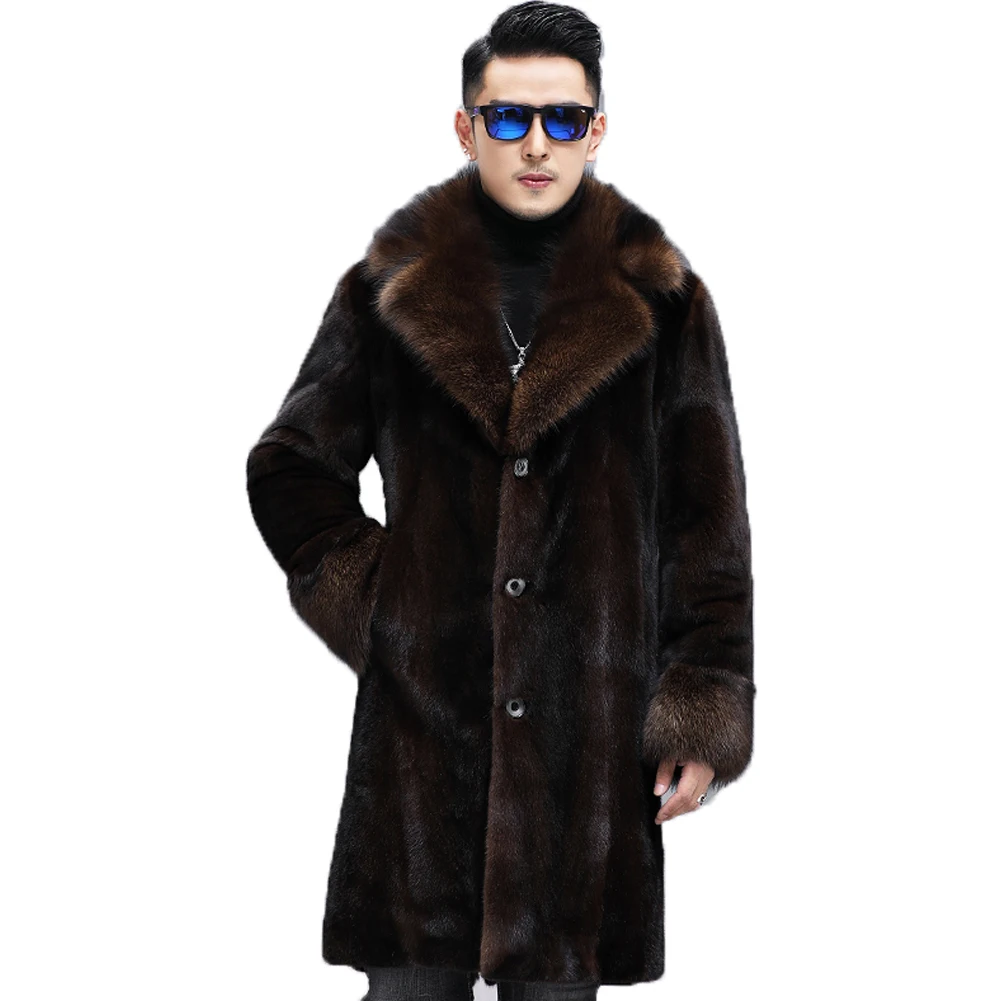 Denny&Dora Men's Mink Fur Jacket Long Style Suit Collar Fur Coat Brown Casual Coat Genuine Mink Fur Coat