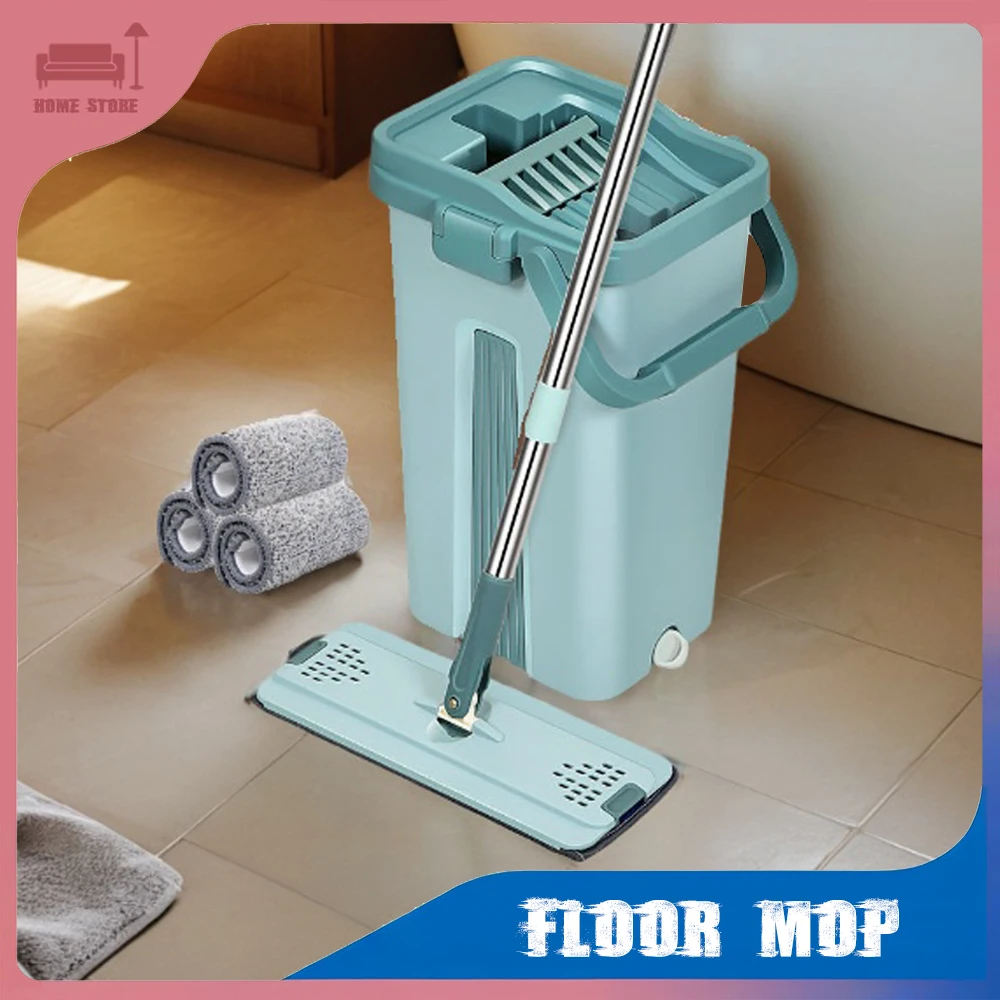 Flat Mop Floor Mop with Bucket Squeeze Mops with Ultra-Fine Fiber Head Replaceable for Floor Cleaning Kitchen Toilet Window