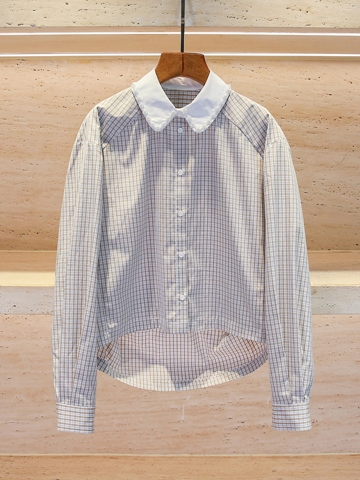 

Ele Plaid irt Doll Collar Beaded Top Women's Premium Faion Autumn Winter Long Sve Casual Commute Sle Loose Fit