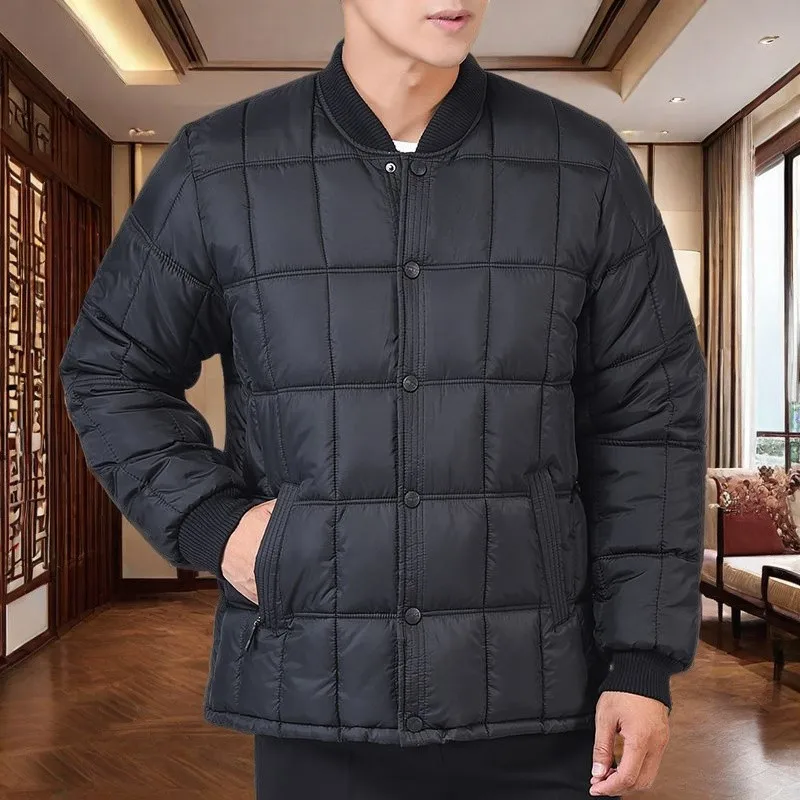 Casual Winter Men Baseball Collar Quilted Jacket Solid Button Warm Padded Coat