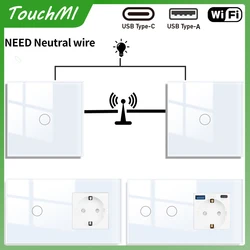 TOUCHMI Tuya Smart Stair Switches Interruptor 2way and WiFi Socket White Crystal Glass Panel Wall Sockets with USB Type-C