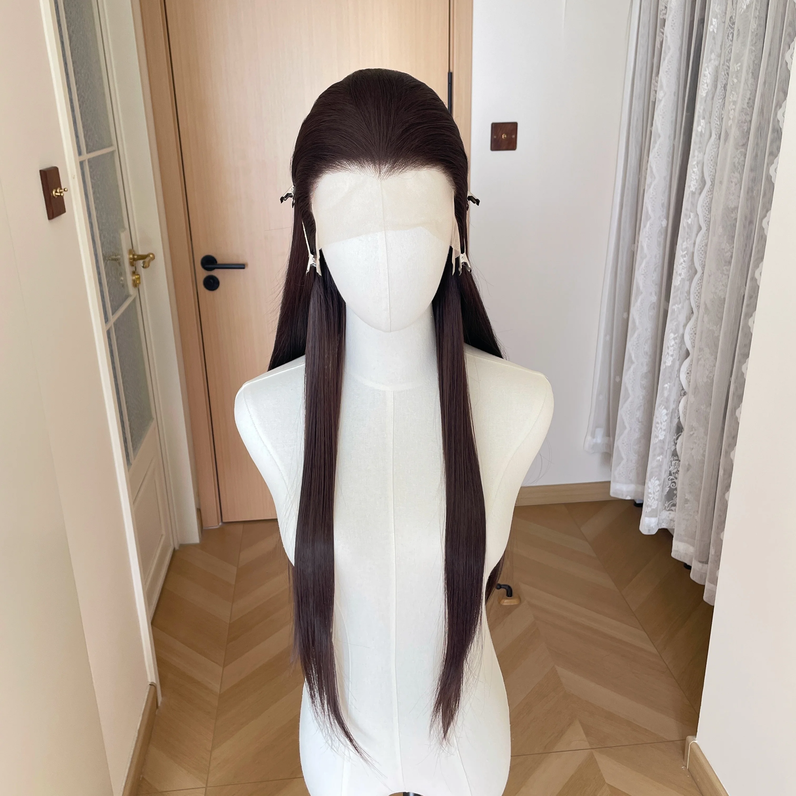 

Widow‘s Peak Medium Brown 13x4 Synthetic Lace Front Wigs for Women Elf Cosplay 26 Inch Long Straight Glueless Wigs Free Part
