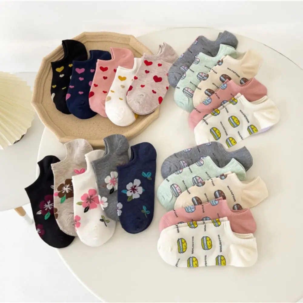 

5Pairs Korean Style Heart Flower Boat Ankle Socks Hamburger Female Hosiery Love Short Socks Cotton Anti-slip Women's Socks Girl