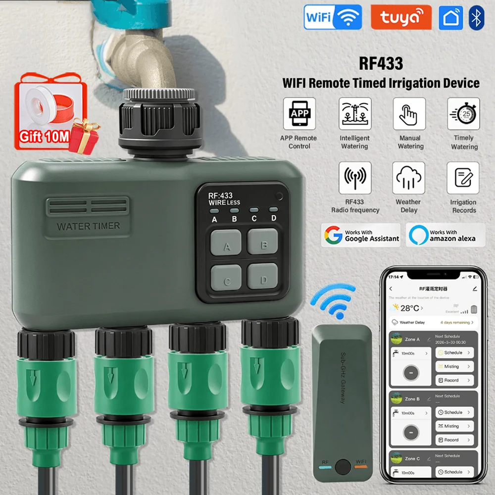 4-zone sproeier-timer, Tuya WiFi, RF433, slimme tuinsproeier, watertimer, regenvertraging, programmeerbare automatische irrigatiecontroller, regenvertraging/handmatige bewatering, watertimer voor