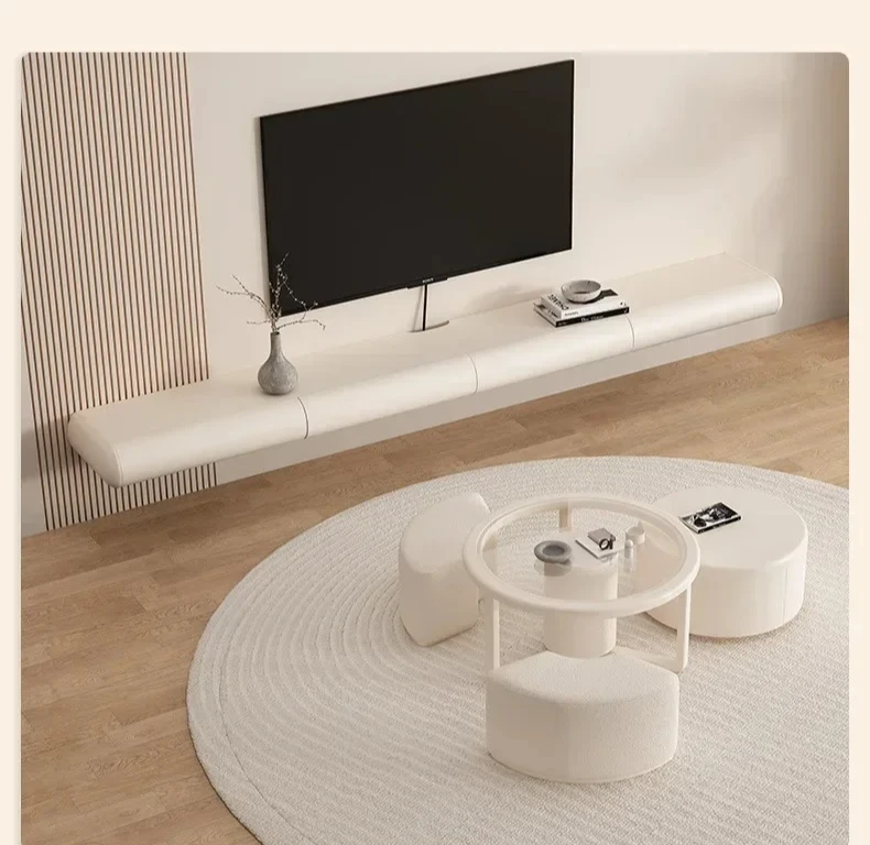 Y New Cream Style Hanging TV Stand Modern Simple Small Apartment French Hanging Suspended Solid Wood Cabinet